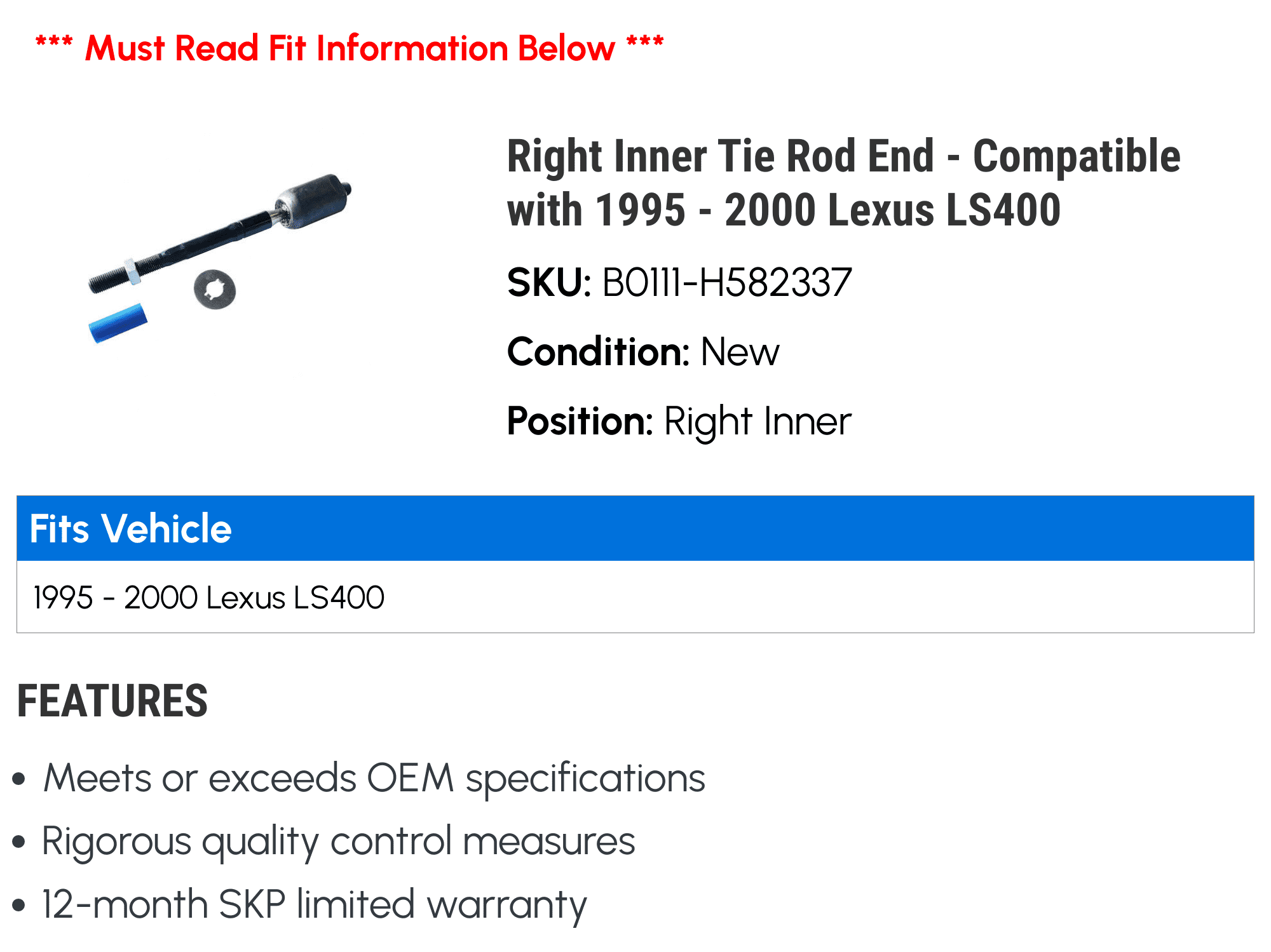 Right Inner Tie Rod End - Compatible with 1995 - 2000 LS400 1996 1997 1998 1999