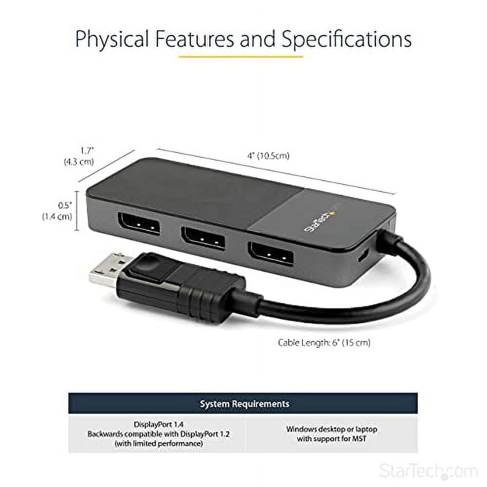 StarTech.com 3-Port Multi Monitor Adapter - DisplayPort 1.4 to 3x 4K DisplayPort Video Splitter - Dual or Triple 4K - DisplayPort MST Hub for Multiple Monitors - For Windows PCs Only (MST14DP123DP)