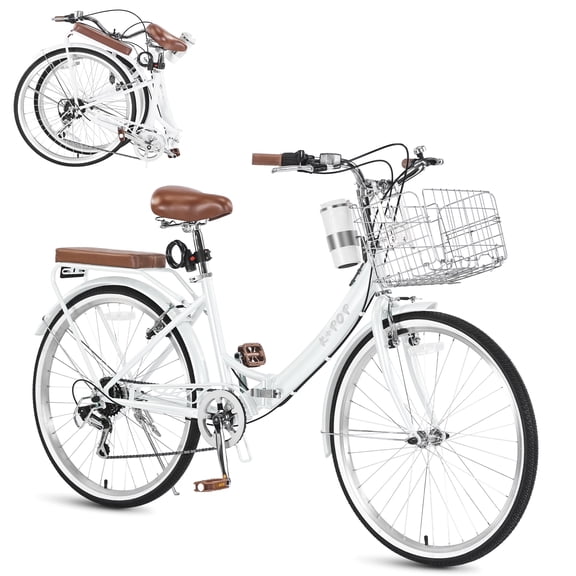 Bstjewey 24 Inch Folding Women’s Beach Cruiser Bike, 7-Speed, Basket & Cup Holder