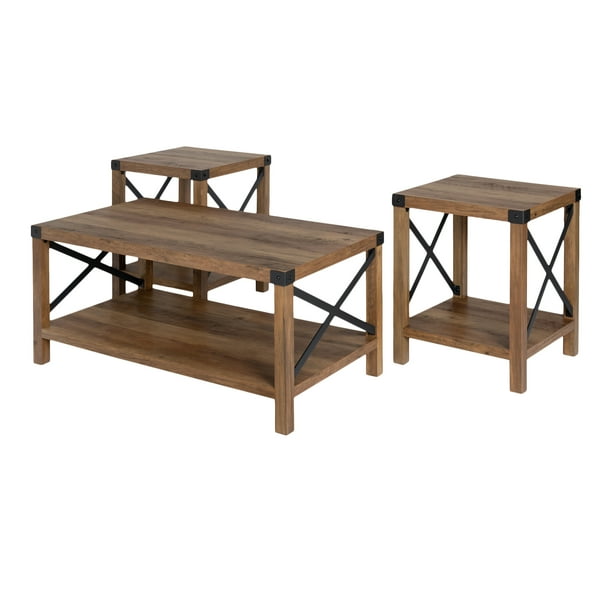 Manor Park 3 Piece Rustic Wood Metal Coffee Table Set Rustic Oak Walmart Com Walmart Com