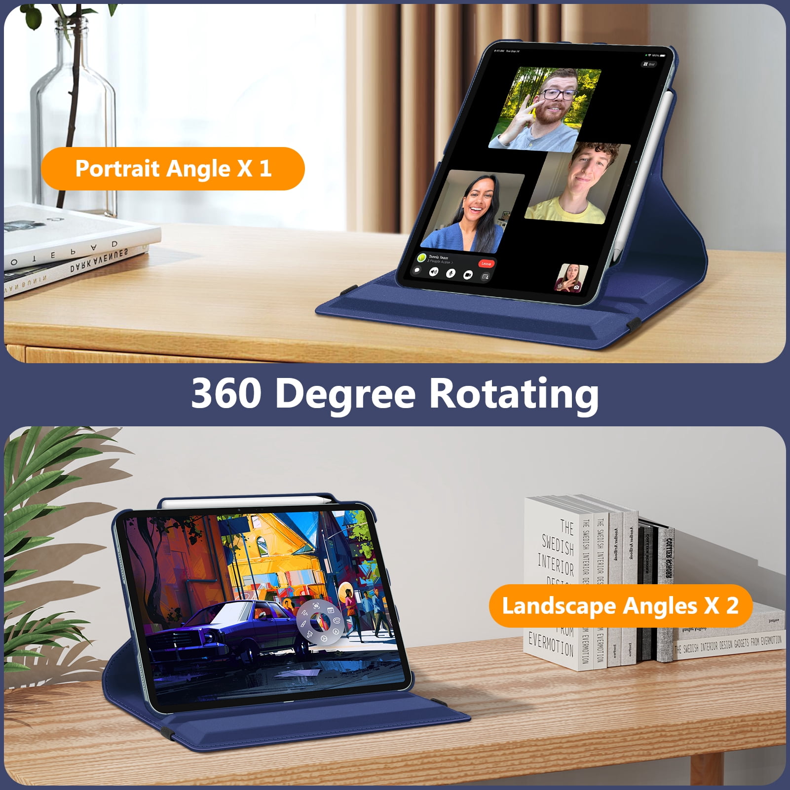 Fintie Rotating Case for iPad Air 13-inch (M4) 2026, (M3) 2025, (M2) 2024 - 360 Degree Rotating Protective Stand Cover with Pencil Holder, Navy
