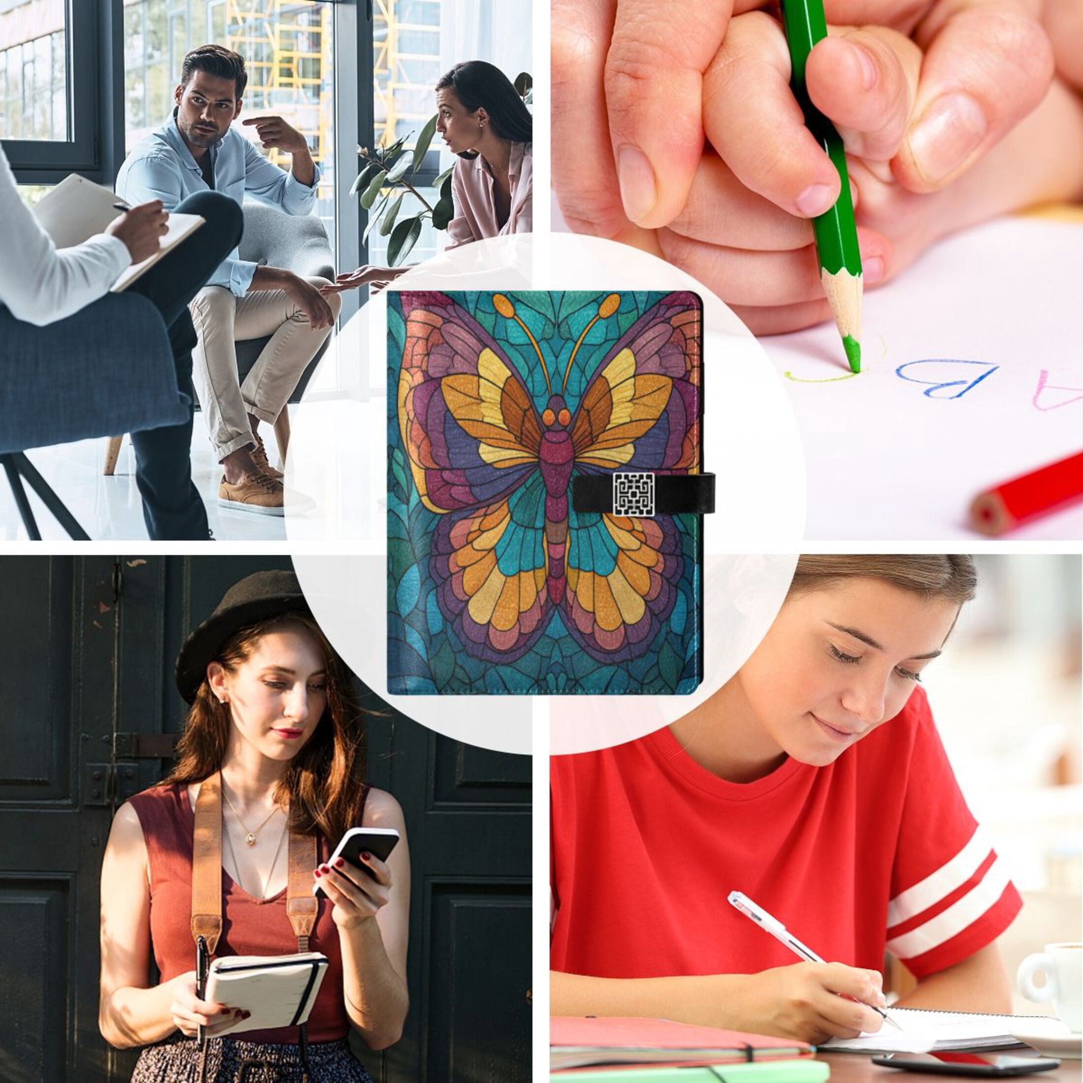 Leather Planner Leather Notebook Notebook Journal Binder Design Pen Pocket Design Convenient for Storage Stained Glass Butterfly
