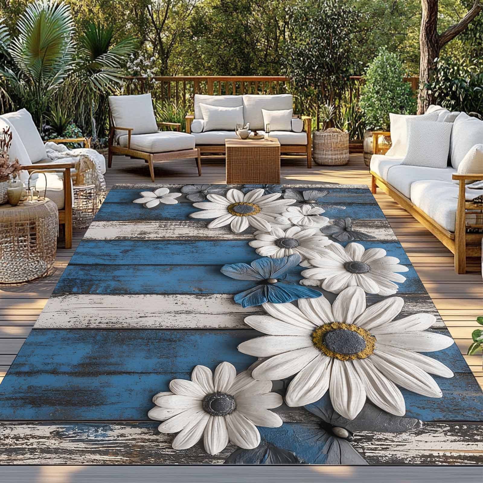 Fsddascl Blue White Daisy Outdoor Rug for Patio/Deck/Porch, Non-Slip Large Area Rug 5 x 8 Ft, Vintage Farmhouse Butterfly Floral Wood Indoor Outdoor Rugs Washable Area Rugs, Camping Rug Carpet