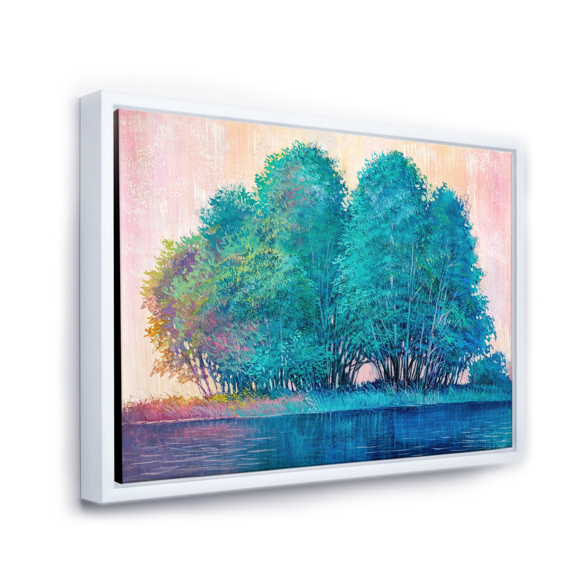 Designart 'Blue Coloured Tree Impression By Lakeside' Lake House Framed Canvas Wall Art Print