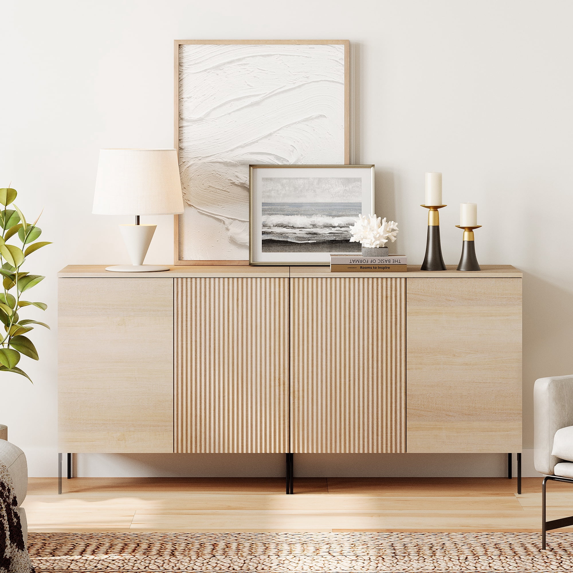 63" Modern Wood Reeded Dresser Set of 2 with Doors, Minimalist Dresser Organizer Storage Cabinet for Bedroom,Living room, Entryway
