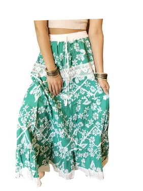 Mogul Women Floral Maxi Skirt, Cotton Green White Printed Handmade Gypsy Boho Skirts, Summer Beach Skirts M