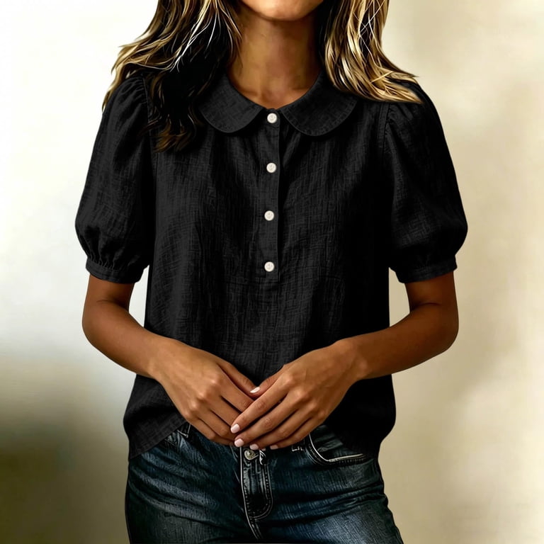 Sewkxo Womens Cute Summer Linen Tops Short Puff Sleeve Peter Pan