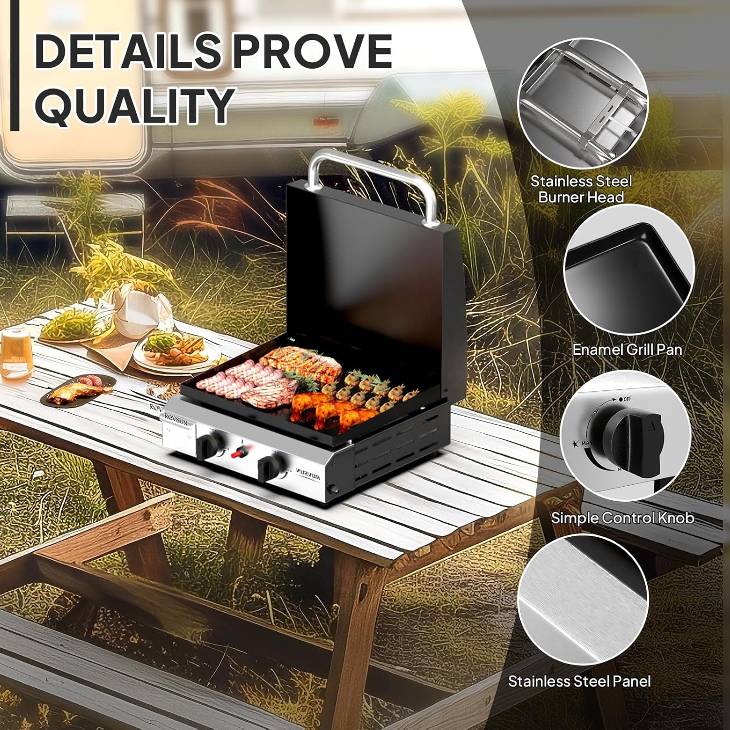 TUFFIOM 2 Burner Portable Propane Griddle with Enameled Tray & Lid, 20000 BTU Rolling Flat Top Gas Grill with Electronic Ignition & Regulator for Outdoor Cooking Camping BBQ Tailgating