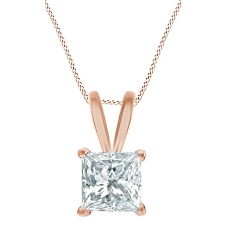 Diamond Cut 14k Rose - Princess Cut White Natural Diamond Solitaire Pendant Necklace In 14k Rose Gold