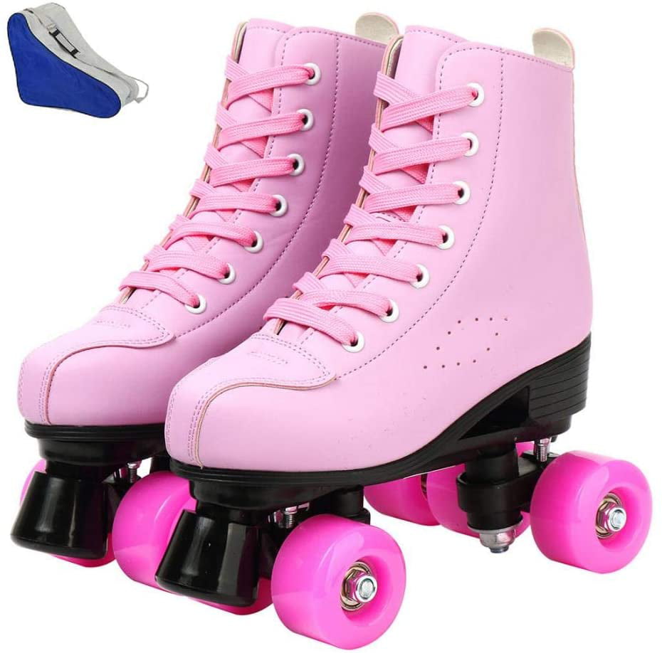 Black PU Leather High-top Roller Skates Double-Row Four-Wheel Shiny Roller Skates for Unisex Indoor Outdoor Roller Skates for Women 