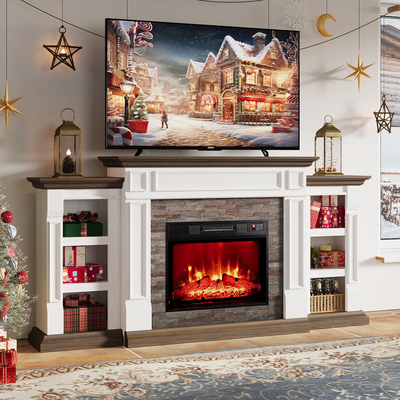 Electric Fireplace with 70" Mantel, Stacked Stone Surround with 23" Fireplace Insert, Adjustable Flame, Remote Control, White