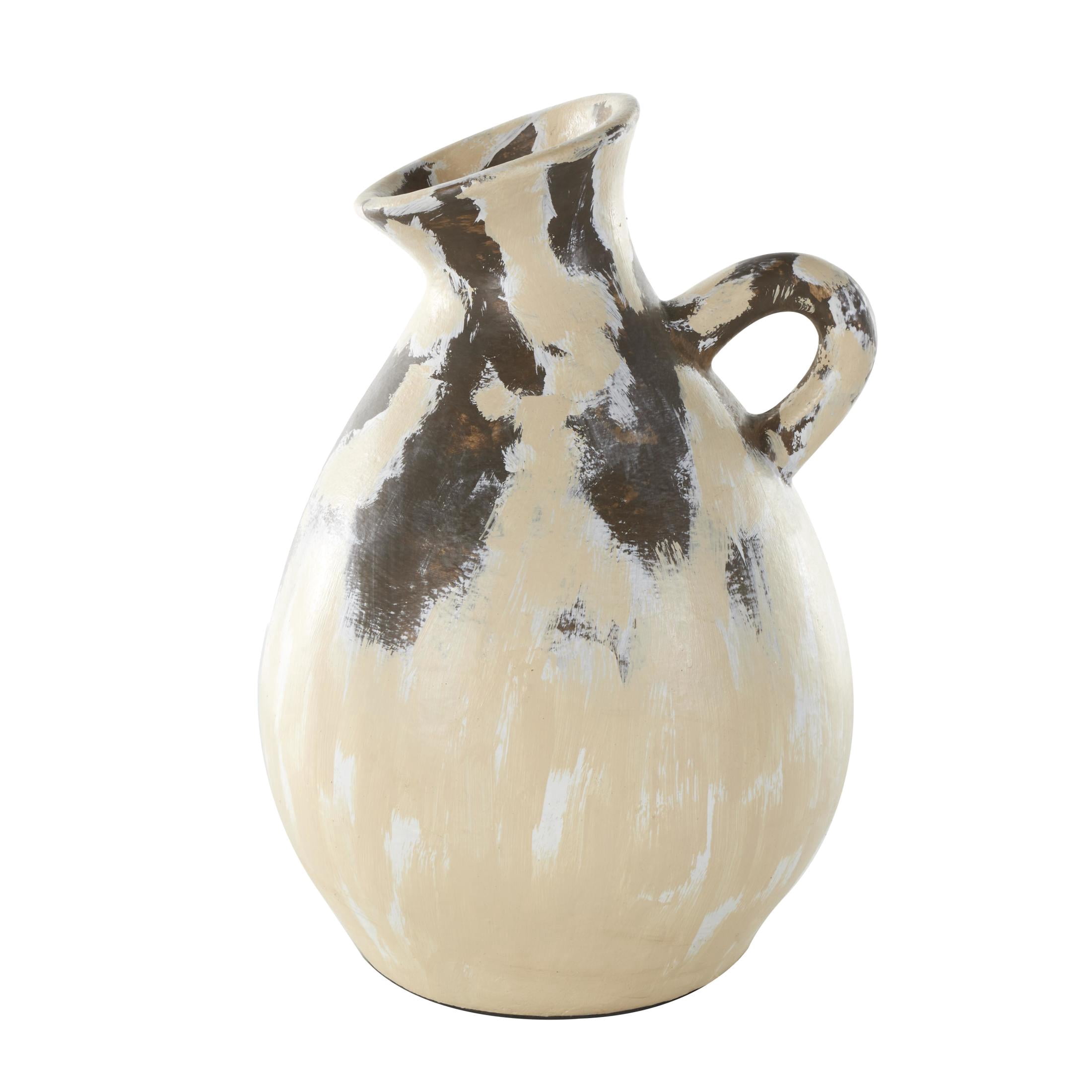 DecMode 17" Antique Style Pot Cream Ceramic Vase with Curved Handle