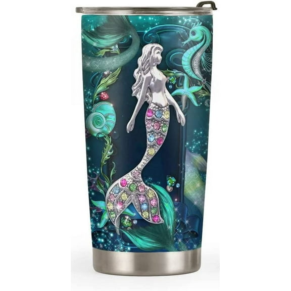 20oz Mermaid Gifts for Women, Mom, Daughter, Valentines Day Gifts for Her, Unique Inspirational Birthday Gifts Printed Mermaid Jewelry Mermaid Tumbler Cup, Insulated Travel Coffee Mug with Lid