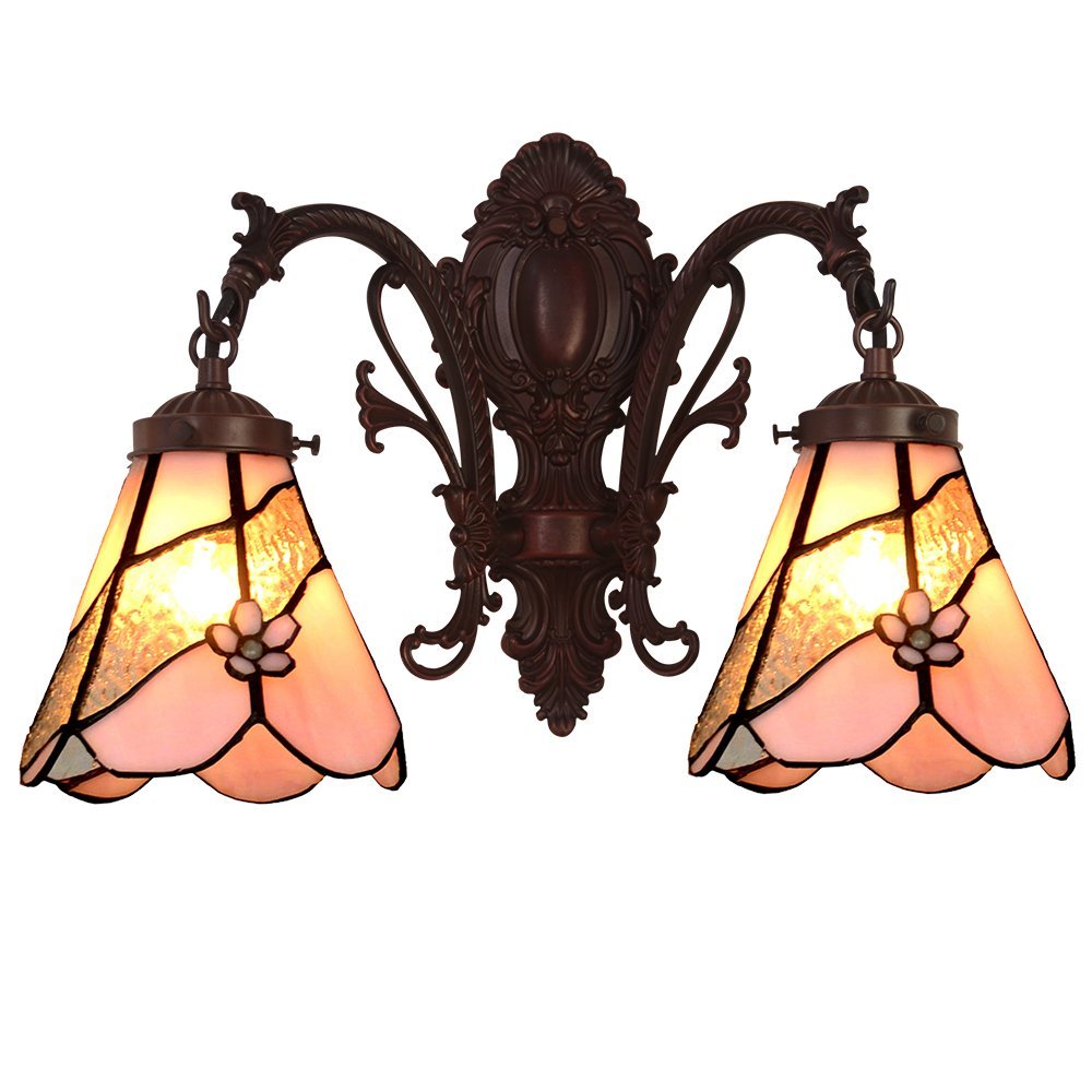 Bieye Tiffany Style Stained Glass Flower Wall Sconces with 7 inches Handmade Shade (Pink Flower
