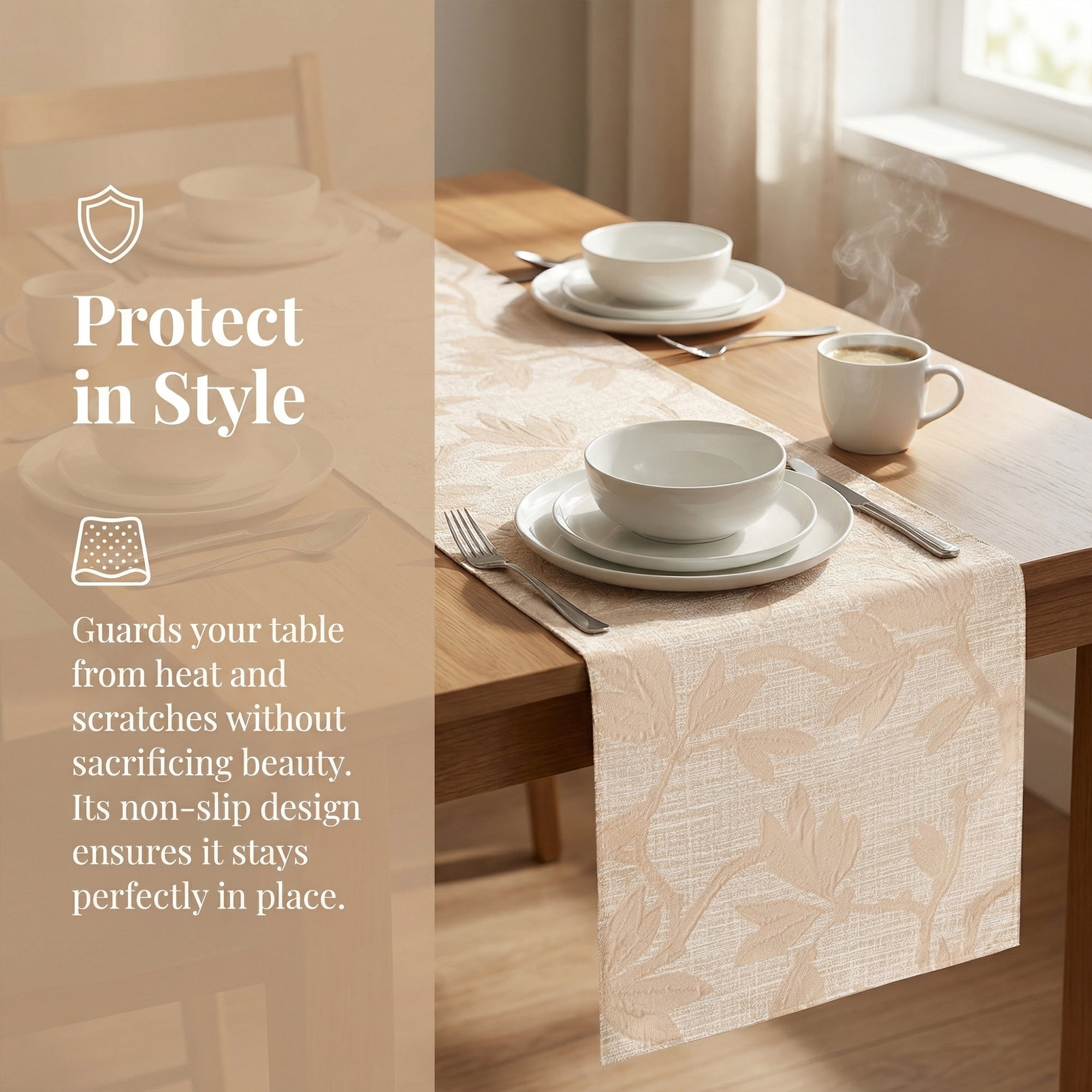 Unique Bargains Long Floral Polyester Table Runner for Kitchen Decor Beige 13.8"x106.3"