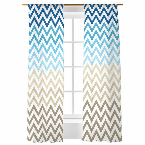 Sheer Curtains 96 inches Long, Abstract Gradient Stripes Blue Brown Ombre Chevron Wave Light Filtering Sheer Window Curtains Rod Pocket Voile Drapes for Bedroom Living Room, 52"W x 96"L 2 Panels