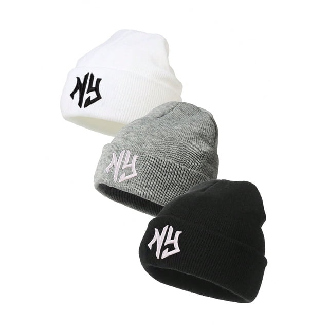 3pcs/1pc Children's Warm Knitted Hat For Autumn And Winter,NY Embroidered Design,Ear Protection Warm Beanies 3pcsBKGYWT One Size