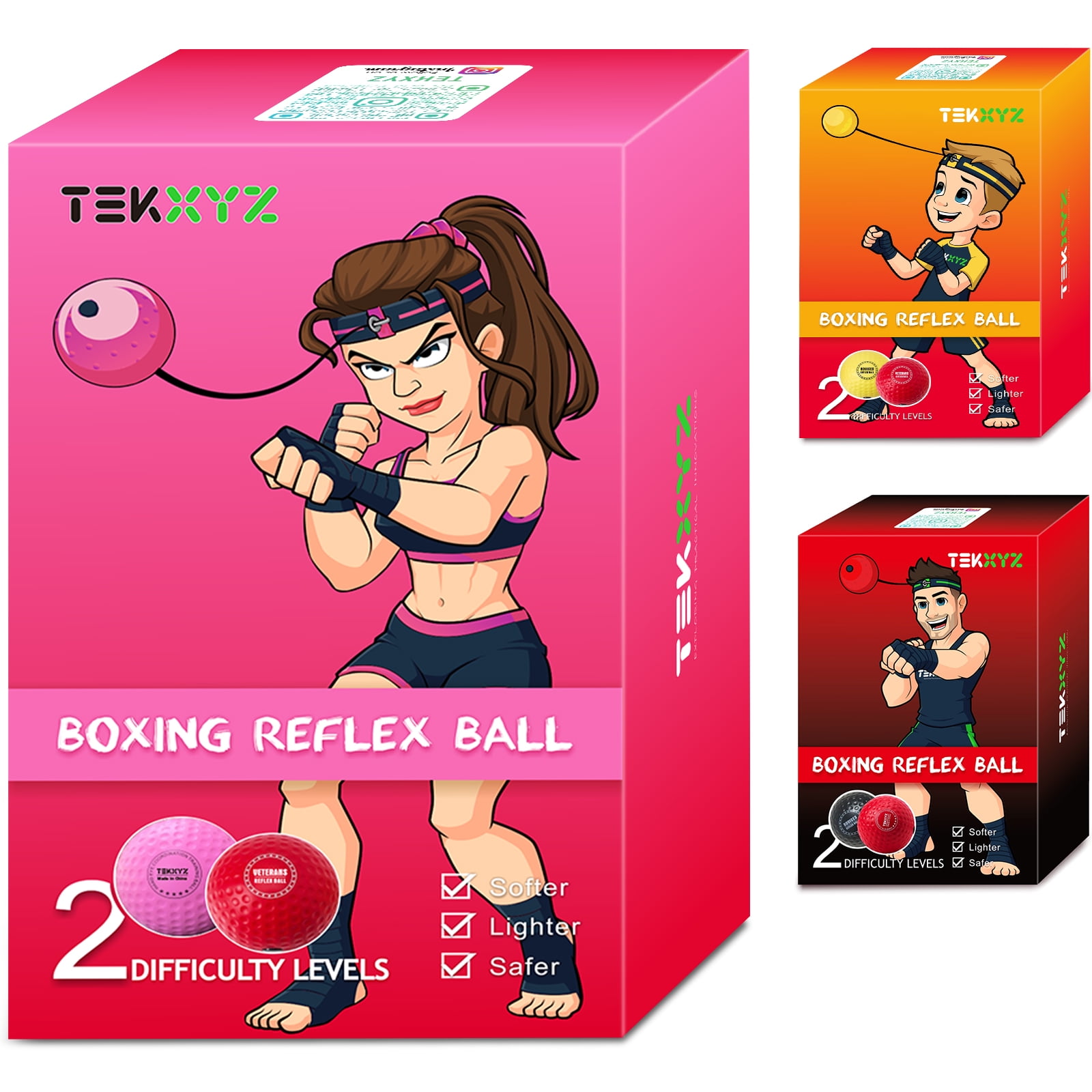 2 Difficulty Levels TEKXYZ Boxing Reflex Ball Pink and Red Set for Girls and Women 