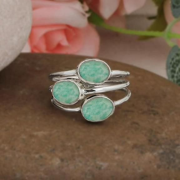Sechi Sterling Silver Oval Amazonite Ring for Women, 6x8mm Genuine Gemstone Bezel Set Ring (5)
