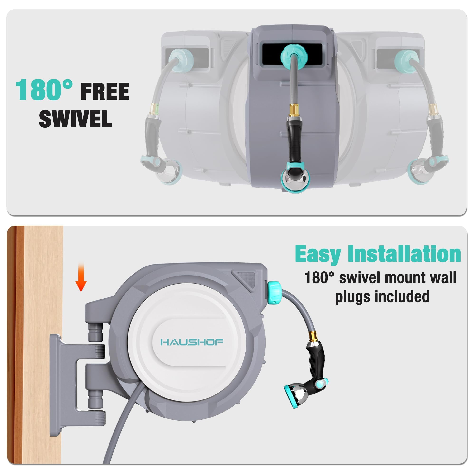 HAUSHOF Retractable Garden Hose Reel 1/2” x 130 ft, Auto-Lock at Any Length, Slow Return System, Wall Mounted and 180° Swivel Bracket for Outside Water