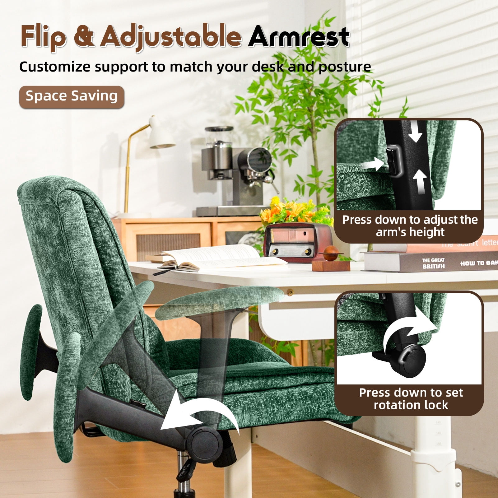 zzw Chenille Home Office Criss Cross Chair with Flip Arms, Lumbar Support and Wheels, Green