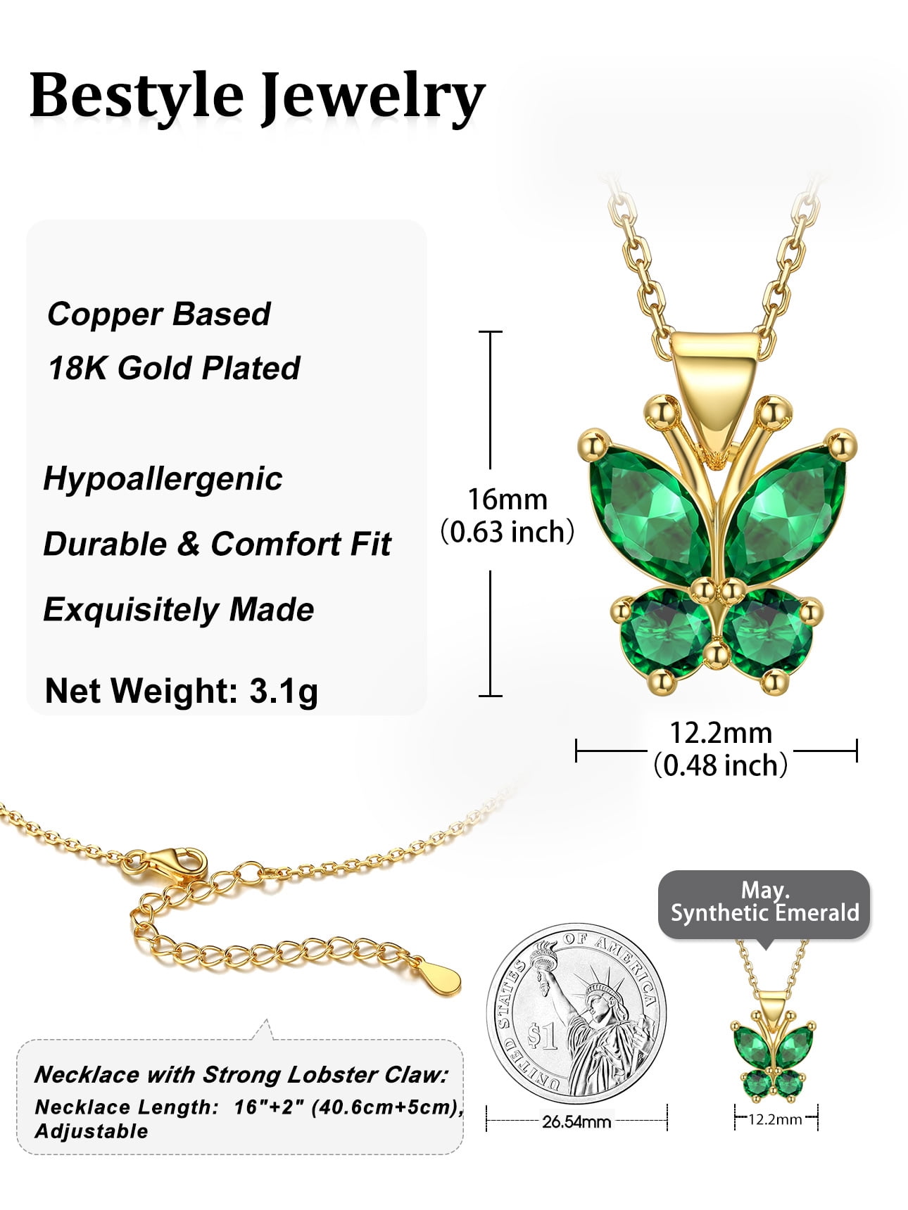 Bestyle 14K Gold Plated Butterfly Necklace for Women, Simulated Emerald Birthstone Crystal Pendant Jewelry Birthday Graduation Gifts for Her