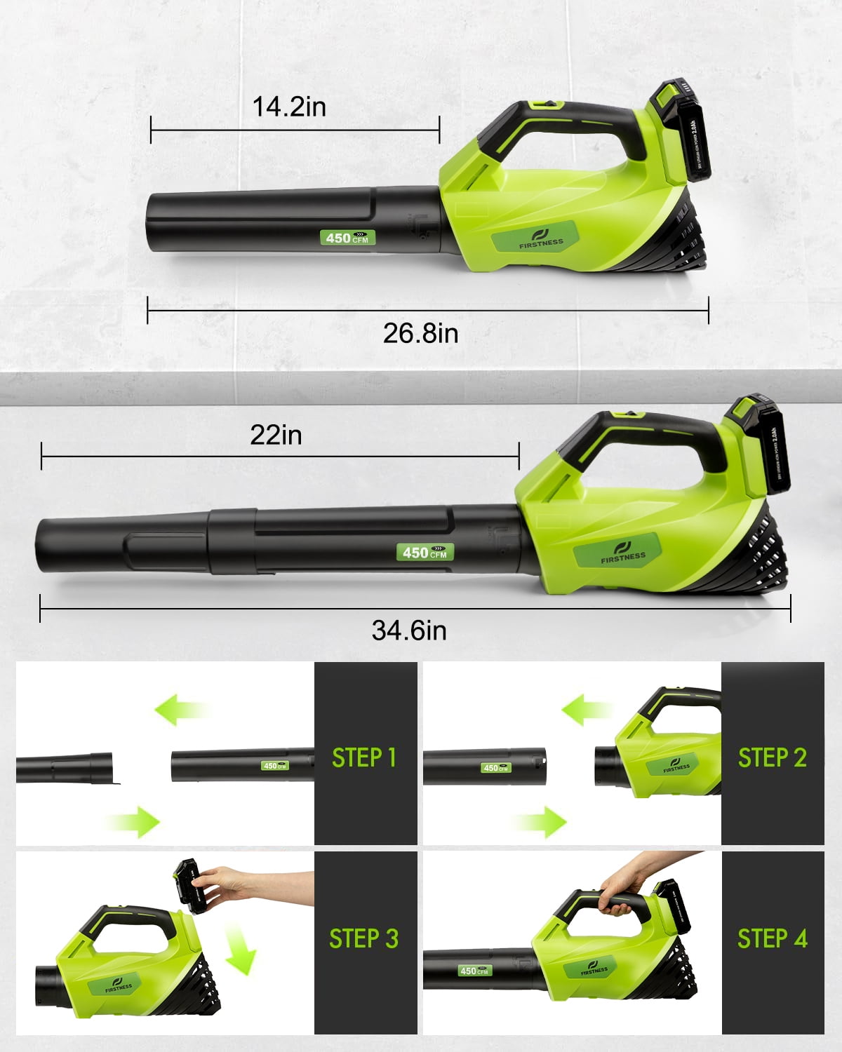 Firstness Cordless Leaf Blower, 20V Leaf Blower with 2 Batteries & Charger, Up to 450CFM/145MPH, 2 Variable Speed, Lightweight for Blowing Leaves, Patio Cleaning, Lawn Care and Dust