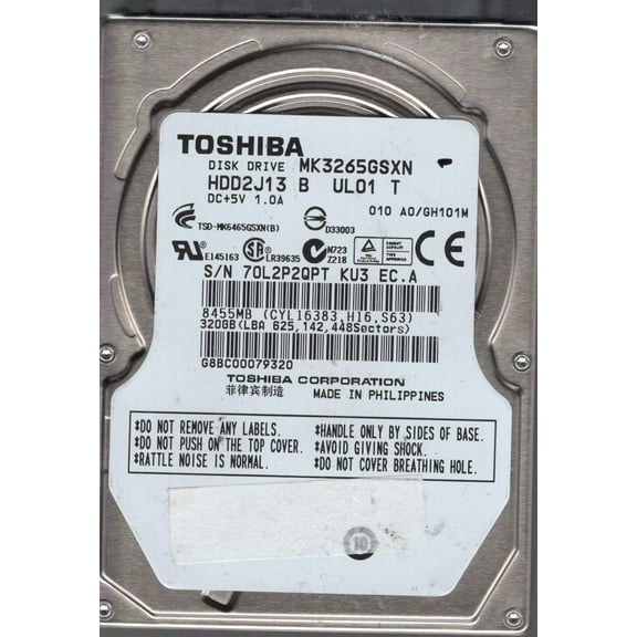 MK3265GSXN, A0/GH101M, HDD2J13 B UL01 T, Toshiba 320GB SATA 2.5 Hard Drive