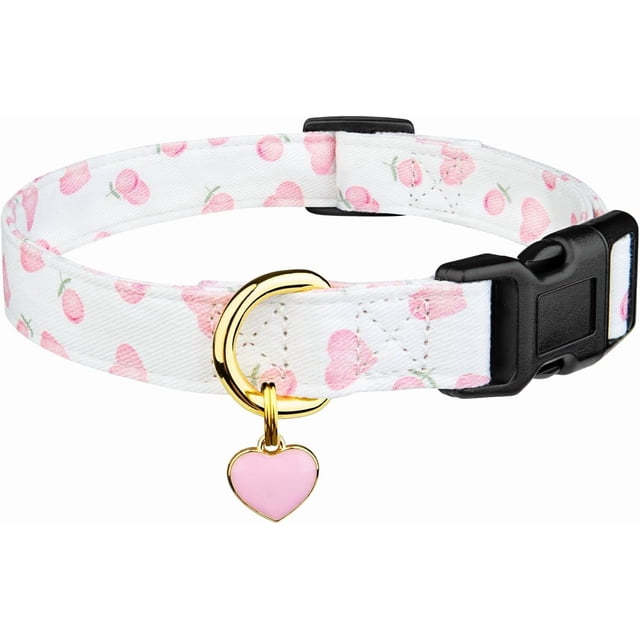 Handmade Cotton Dog Collar - Cute Unique Pattern with Pendant, White & Pink Heart Design - Suitable for Girl & Boy Dogs, Small Size (M)