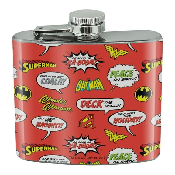 Justice League Holiday Speech Bubbles Pattern Stainless Steel 5oz Hip Drink Kidney Flask