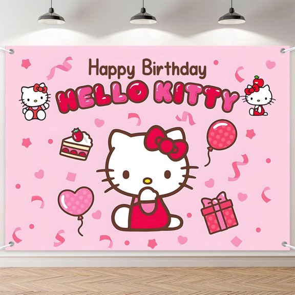 7x5ft Pink Cute Cat Bowknot Balloon Cake Birthday Backdrop for Girl