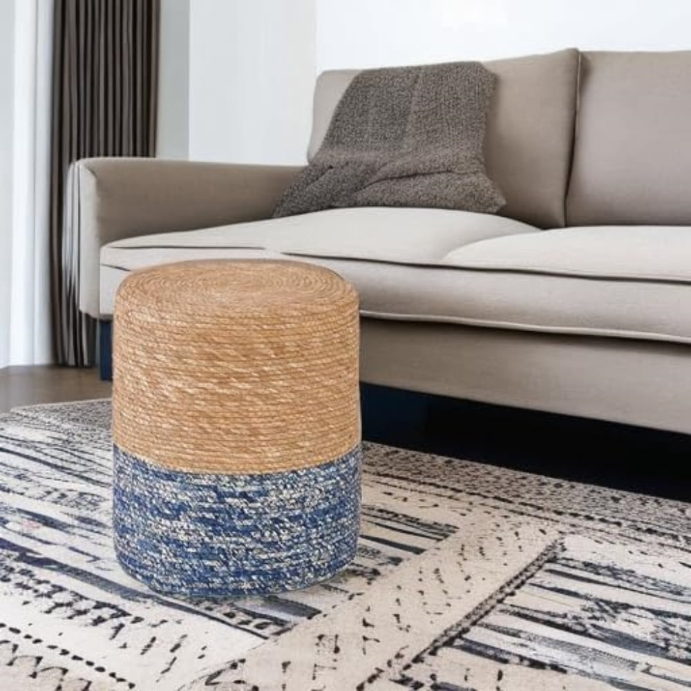 Tcbosik 14" Round Ottoman, Hand Weave Natural Seagrass Footrest, Boho Foot Stool, Small Accent Table for Living Room, Bedroom, Natural+Blue