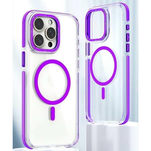 Allytechgroup Clear Magnetic Case Cover for Apple iPhone 15, Magsafe Compatible Crystal Clear Anti-Yellow Shockproof Bumper Wireless Charging Back Phone Case for Apple iPhone 15, Purple