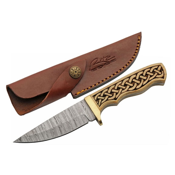 SANZ 8.25" Celtic Band Hunter Knife Damascus Steel Blade Full Tang Brass Guard Handle with Leather Sheath