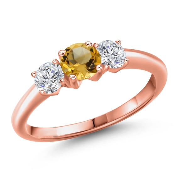 Gem Stone King 18K Rose Gold Plated Silver Yellow Citrine and Lab Grown Diamond Engagement Ring for Women | 0.99 Cttw | Round 5MM | Gemstone November Birthstone | Size 8