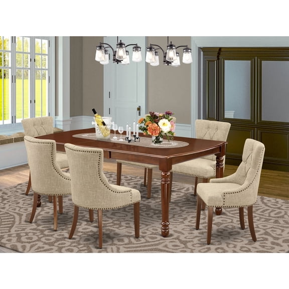 HomeStock Medieval Moods 7Pc Dinette Set Includes A Rectangular Kitchen Table With Butterfly Leaf And Six Parson Chairs With Doeskin Fabric, Mahogany Finish
