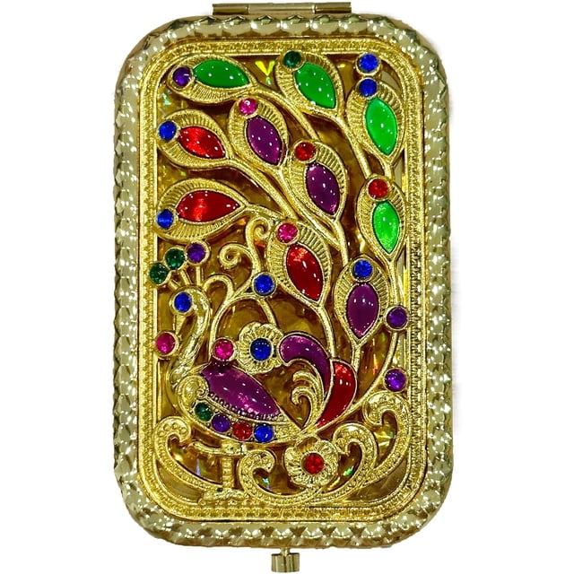 ZHU YU CHUN 1PC Vintage Lateral Tail Peacock Pattern Cosmetic Makeup Pocket Purse Magnification Jewel Mirror (Rectangle)