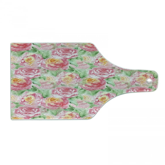 Watercolor Flower Cutting Board, Rose Flower Composition with Leaves in Soft Colors Blooming Plant Art, Tempered Glass Cutting and Serving Board, Wine Bottle Shape, Pink Green, by Ambesonne