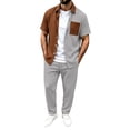 thumbnail image 2 of Stamzod Mens Outfits Casual 2 Piece Sweat Suit Color Block Short Sleeve Button Up Shirt Jacket and Long Pants Men's Clothing Sets, 2 of 8