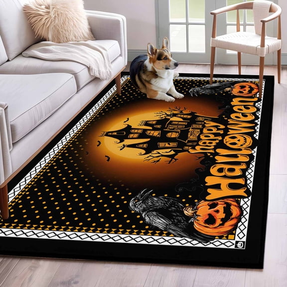 Area Rug for Living Room, Happy Halloween Non-Slip Indoor Large Carpet for Bedroom/Dining Room, Orange Scary Black Castle Skull Birds Washable Low-Profile Rectangle Floor Runner Rugs - 4 x 6 Ft