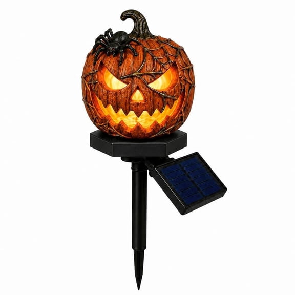 Halloween Solar Pumpkin Garden Light with Ground Stake, Resin LED Outdoor Pathway Decoration for Lawn, Garden and Yard
