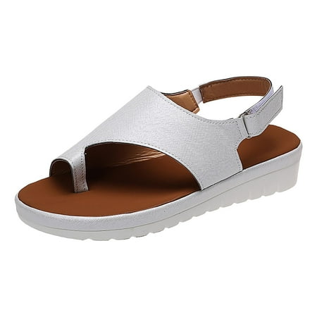 

PU Leather Flat Sandals for Womens Comfy Orthopedic Bunion Corrector Sandal Casual Soft Ring Toe Retro Bohemian Thong Beach Shoes