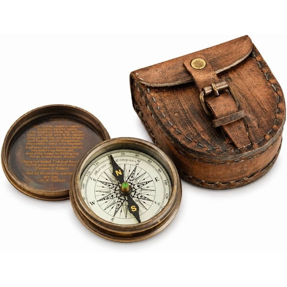 Antiqued Brass Poem Compass With Brown Leather Case Free