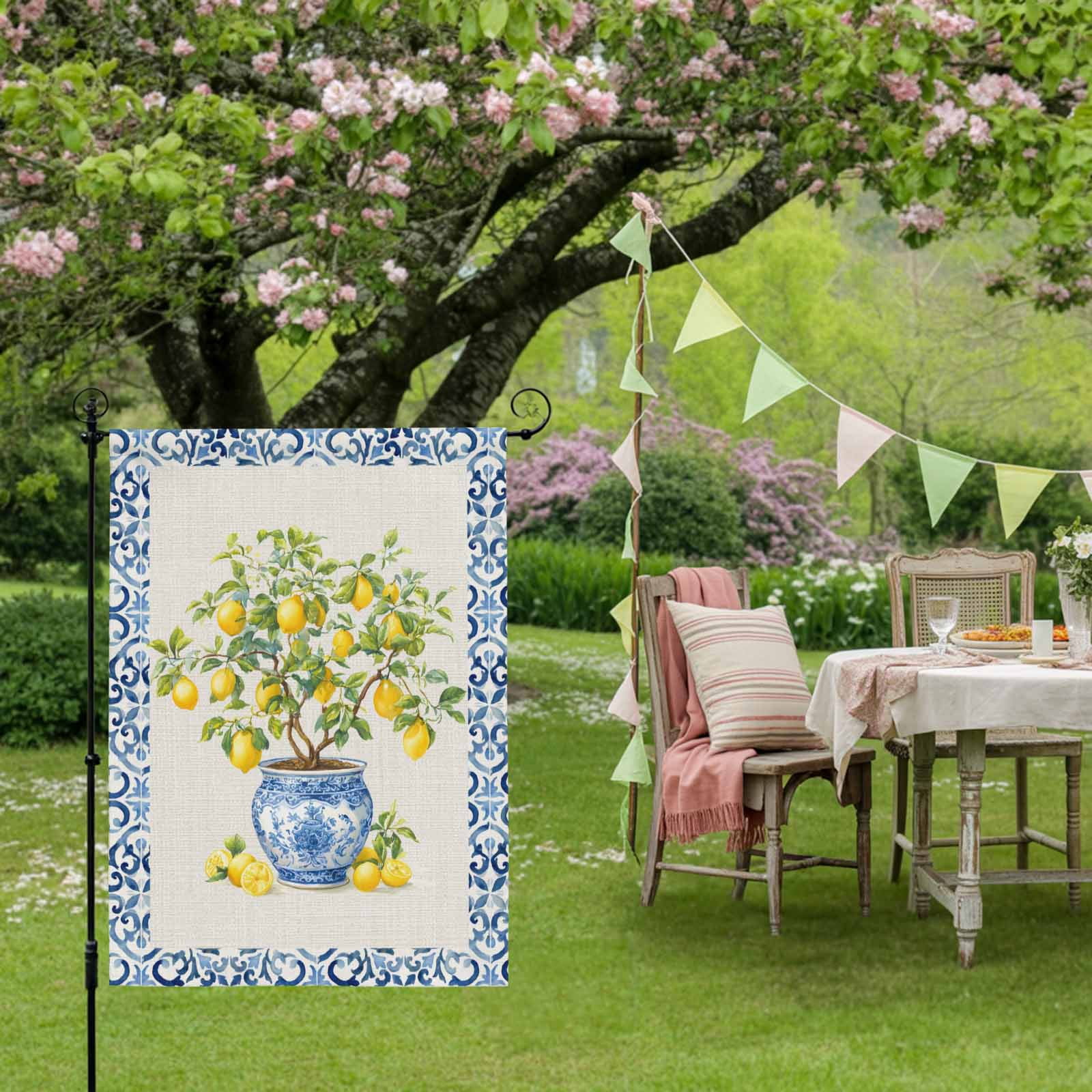 Summer Fruit House Flags For Outdoor, Watercolor Yellow Lemon Porcelain Potted Plant Small Double Side Yard Flags Weather Proof House Decor for Lawn Outside Holiday 28 x 40 Inches