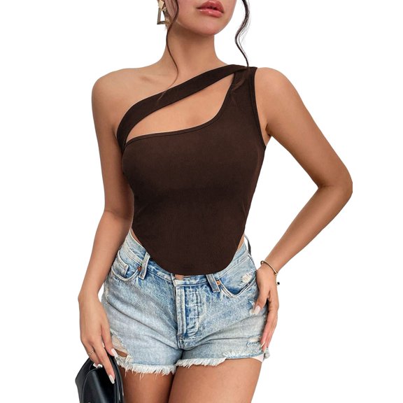 Womens One Shoulder Sports Bra Sleeveless Workout Yoga Bra Backless Summer Crop Tank Tops Coffee Color L