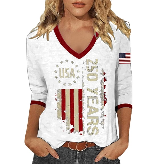 Wang6 Womens 250th Anniversary USA 3/4 Sleeve Tshirts V Neck 1776-2026 Letter Printed 4th of July America Flag Tops Plus Size Independence Day Patriotic Graphic Tees Y_0528liWhite XL
