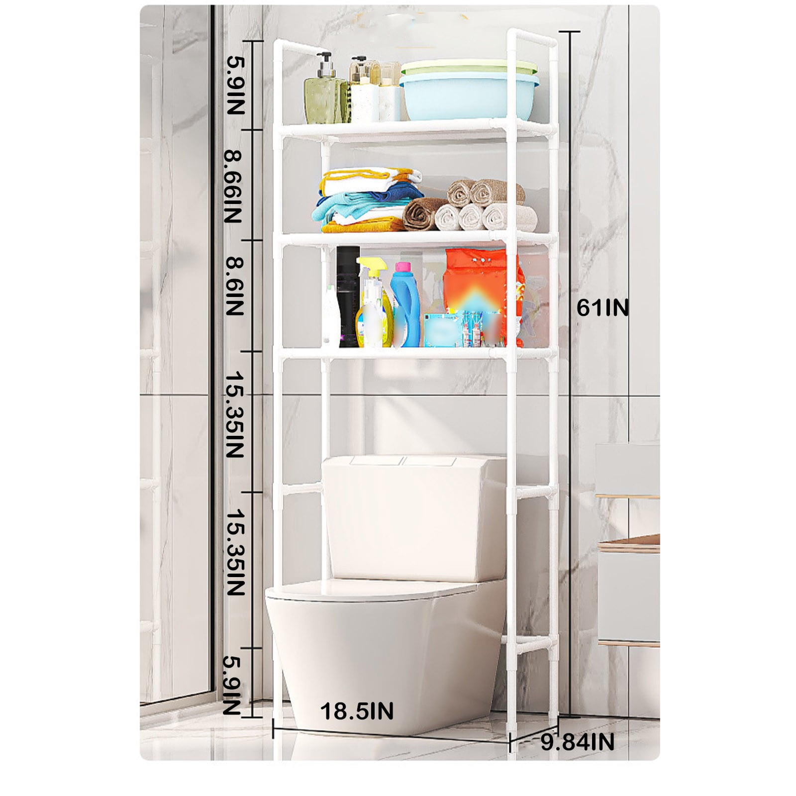 Over Toilet Storage Rack White | 3-Tier Stainless Steel Bathroom Organizer Shelf | Space Saving Multi-Purpose Shelving for Toiletries | 1-Piece | 60.23x18.7x10.23in