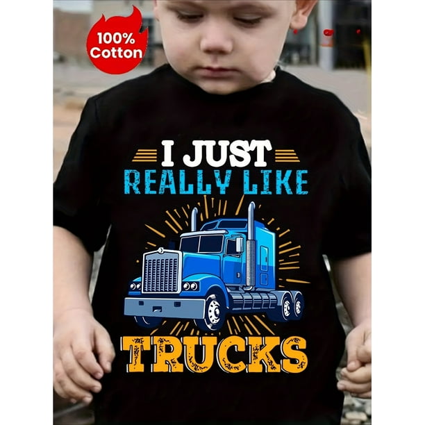 I Just Really Like Trucks New Letter Truck Print Children's Round Neck Short Sleeve T-shirt Casual Cute Boy Children's Pullover