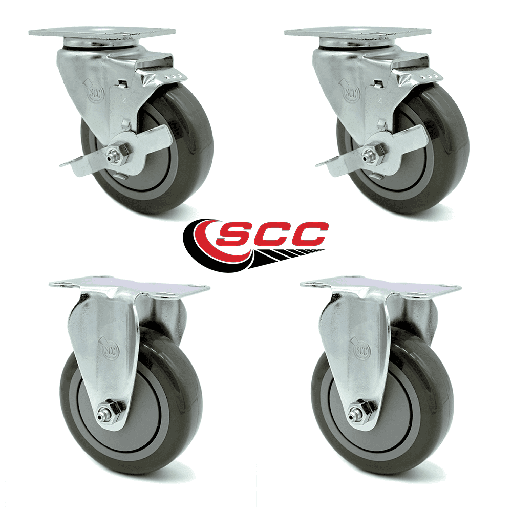 4 Inch Gray Polyurethane Wheel Swivel Top Plate Caster Set with 2 Brake 2 Rigid