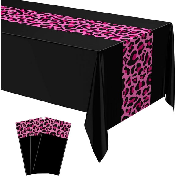 EP Leopard Print Tablecloth 54 x 108'' Leopard Plastic Table Cover Disposable Safari Animal Cheetah Print Party Decorations for Baby Shower Wedding Birthday Party Favors (Pink Black,3 Pcs)